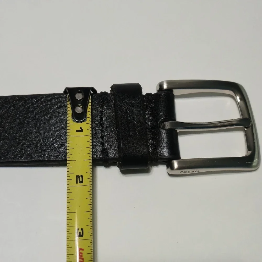 Fossil Mens Belt 38 Black Genuine Leather Silver Buckle Classic Casual Dress